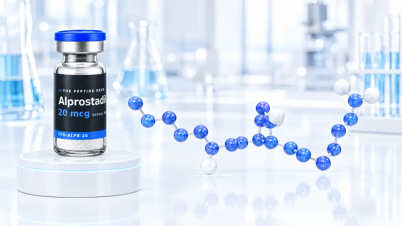 Vial with white powder, a blue cap and a black TPD label for Alprostadil on a white podium, next to it an elongated molecule model of blue and white glass spheres in a bright lab