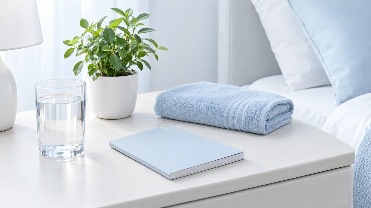 Light bedside table with a lamp, a glass of water, a small potted plant, a folded light blue towel and a closed booklet