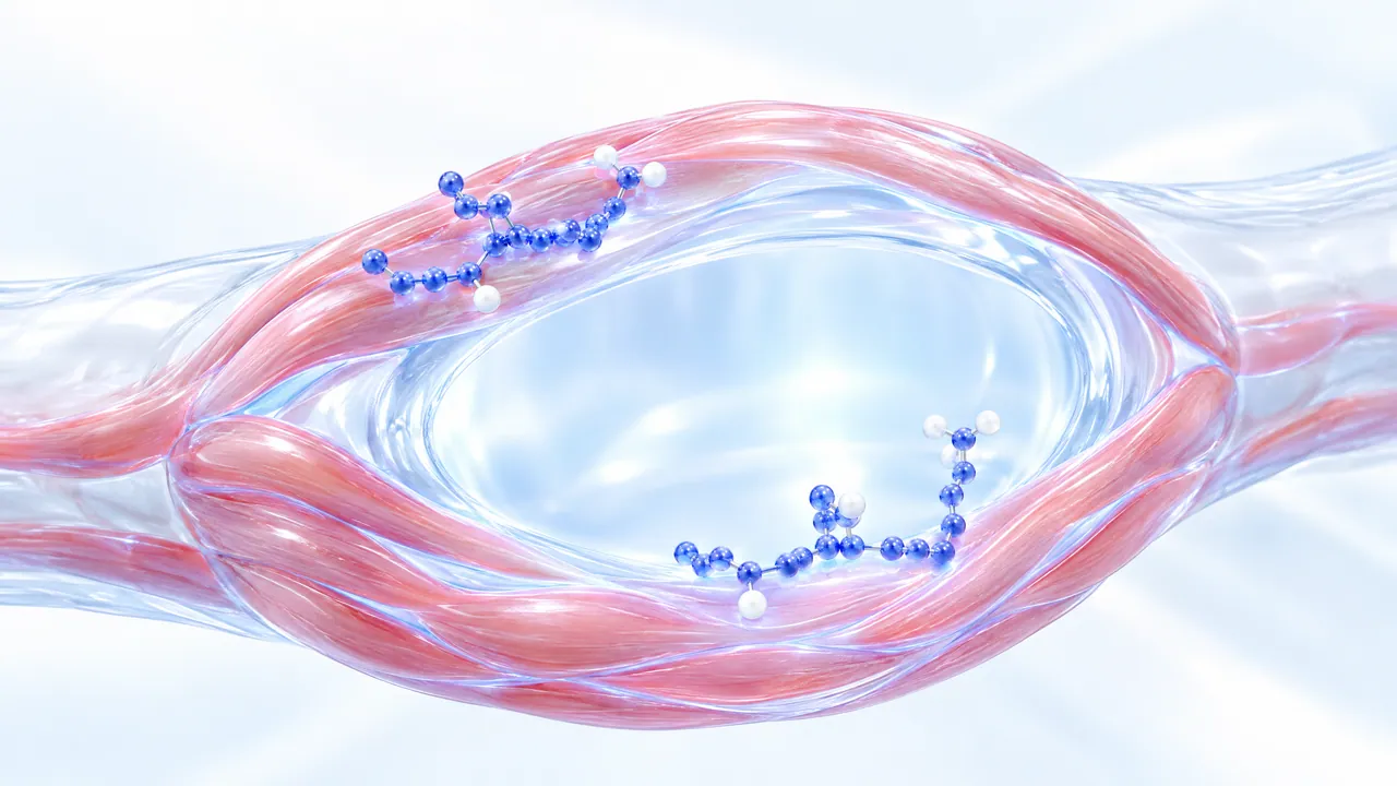 Glass vessel ring wrapped in pink muscle bands with two blue molecules resting on them, the open vessel lumen in the centre