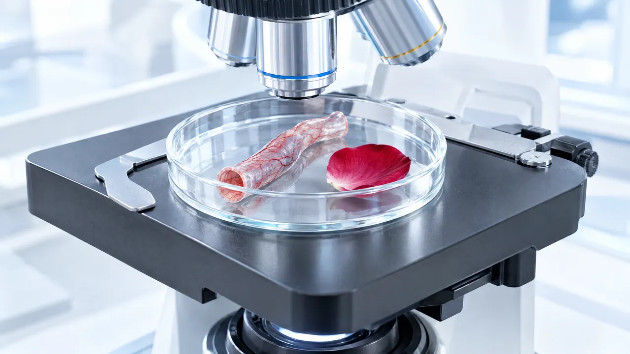 Petri dish with a reddish piece of blood vessel and a red rose petal on the stage of a microscope