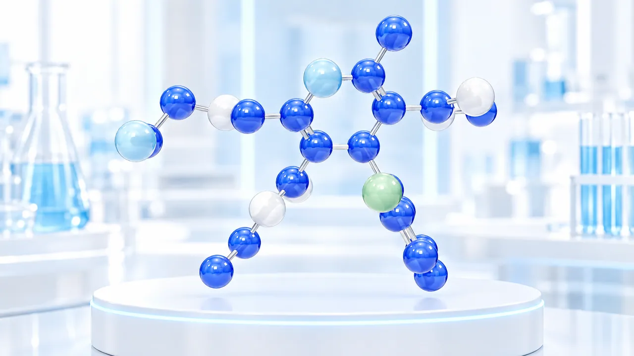 Large blue 3D molecule model with light blue, white and one green atom above a white podium with a glowing rim in a bright lab