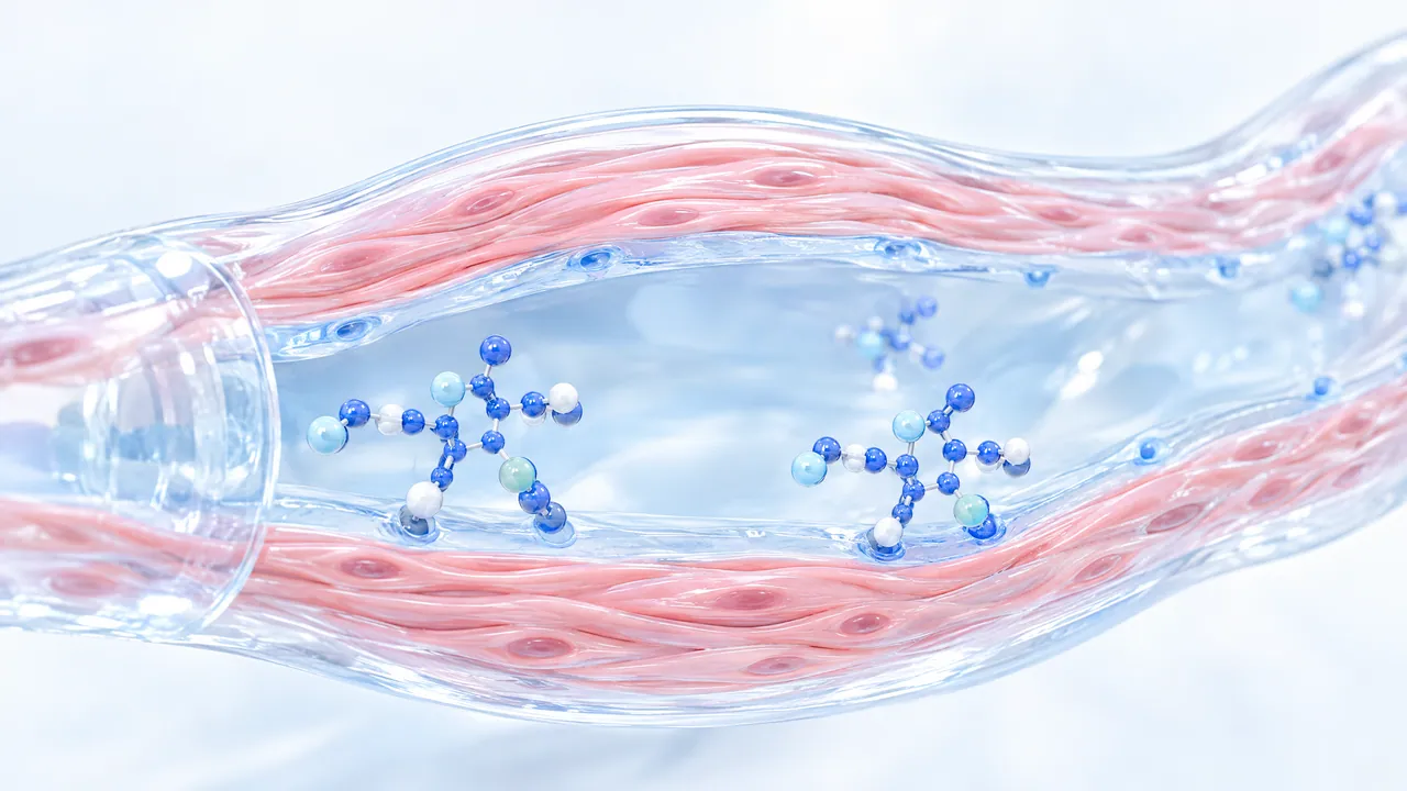 Cut-open glass artery with a pink muscle layer in its wall, blue 3D molecules floating against the vessel wall inside