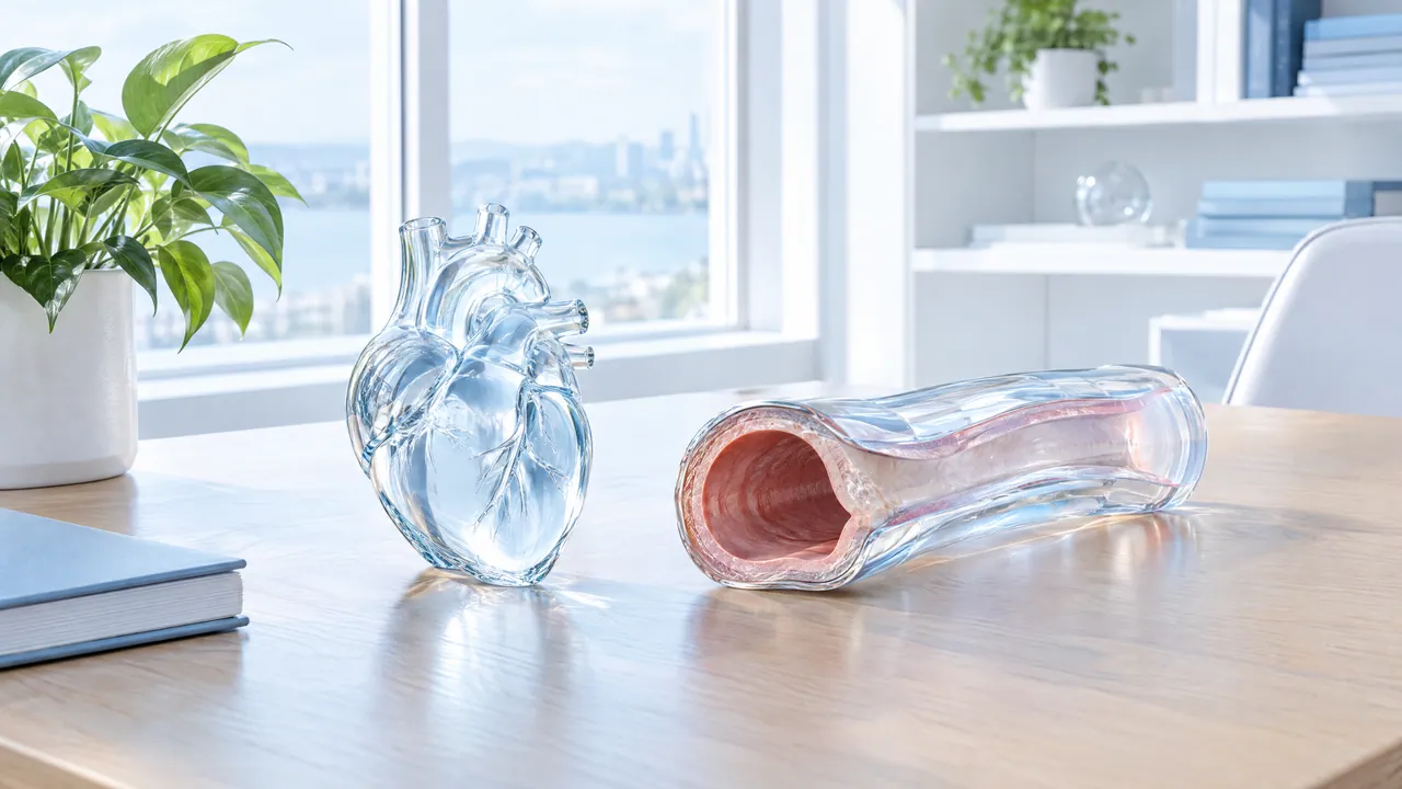 Glass heart model and a cut-open glass blood vessel with a pink wall on a light wooden table in front of a window overlooking water