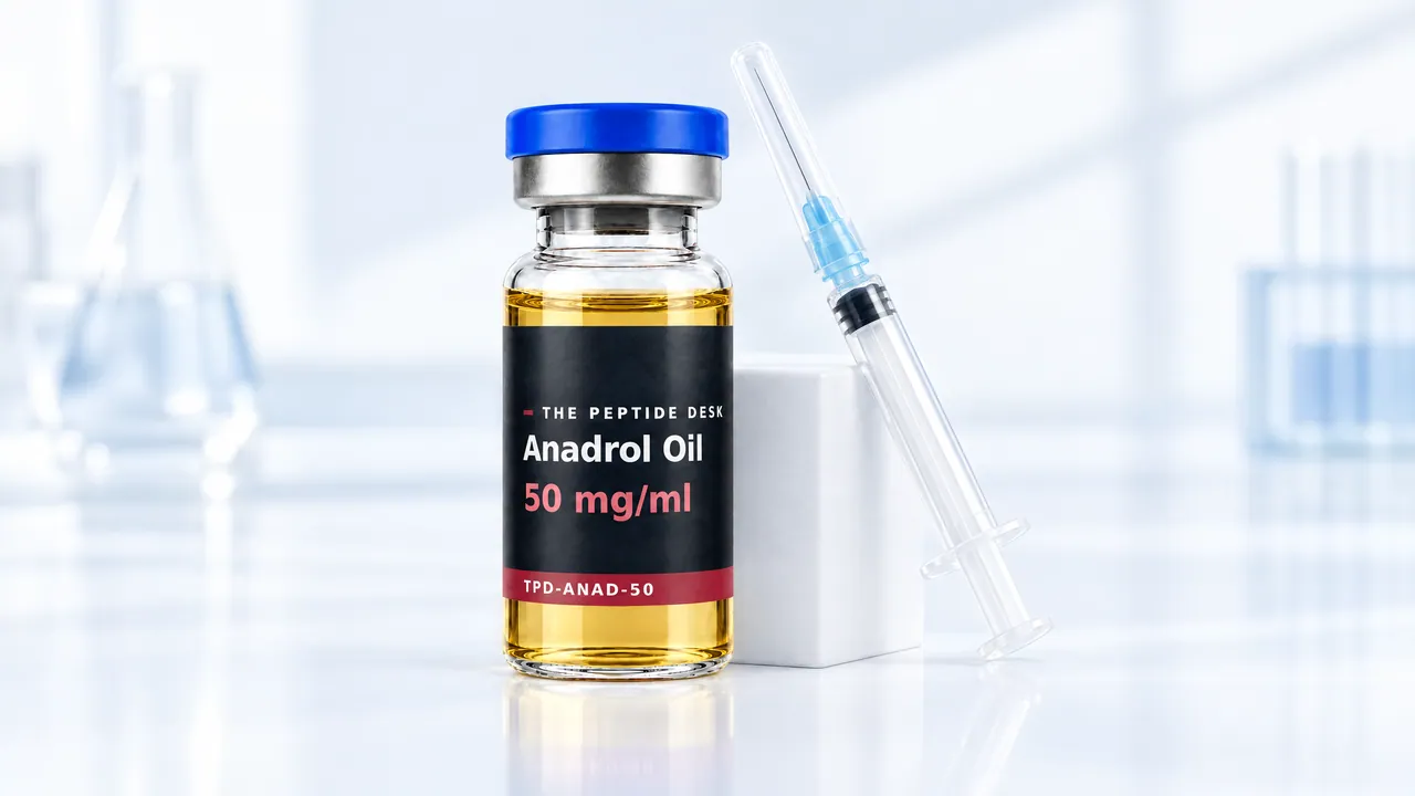 Glass vial with golden oil, a blue cap and a black TPD label for Anadrol Oil, a disposable syringe leaning against a white cube