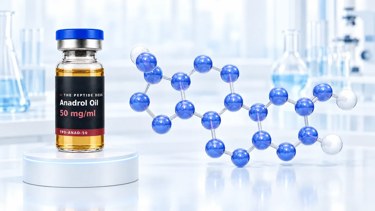 Glass vial with golden oil and a black TPD label for Anadrol Oil on a white podium, next to it a large blue 3D steroid molecule in a bright lab