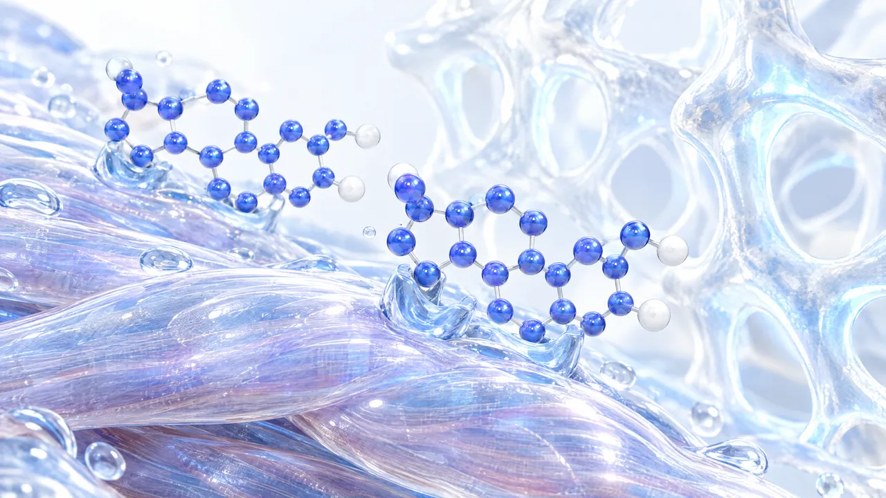 Two blue steroid molecules docking onto glossy glass muscle fibres, a glass honeycomb structure in the background