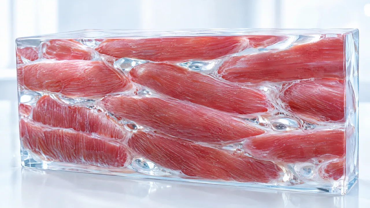 Glass block with bundled red muscle fibres on a white surface
