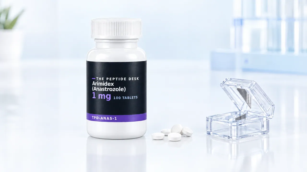 White tablet bottle with a black TPD label and a purple stripe for anastrozole, next to a few small white tablets and a transparent tablet splitter