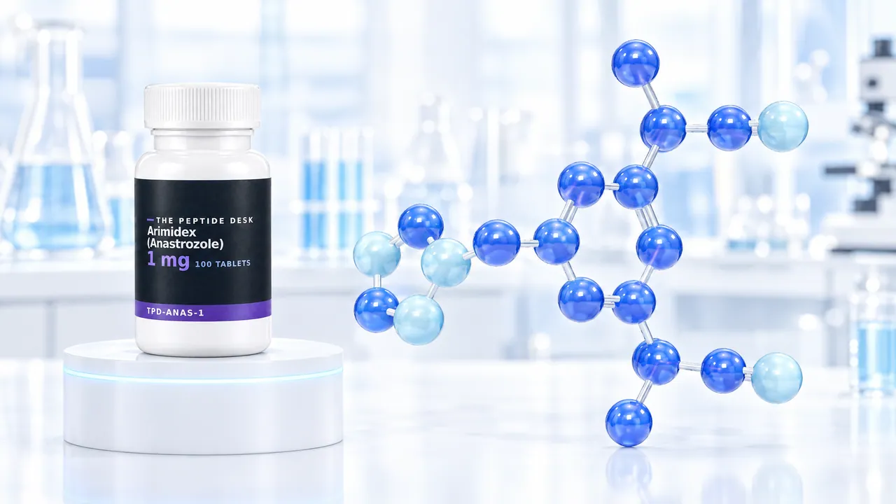 White tablet bottle with a black TPD label and a purple stripe for anastrozole on a white podium with a glowing rim, next to a large blue 3D molecule model in a bright lab