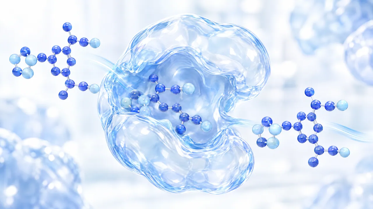 Transparent glass enzyme with a deep pocket holding a blue 3D molecule, further molecules to the left and right on a light blue background