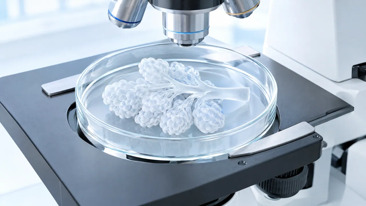 White, grape-like glass model of glandular tissue in a Petri dish on a microscope stage