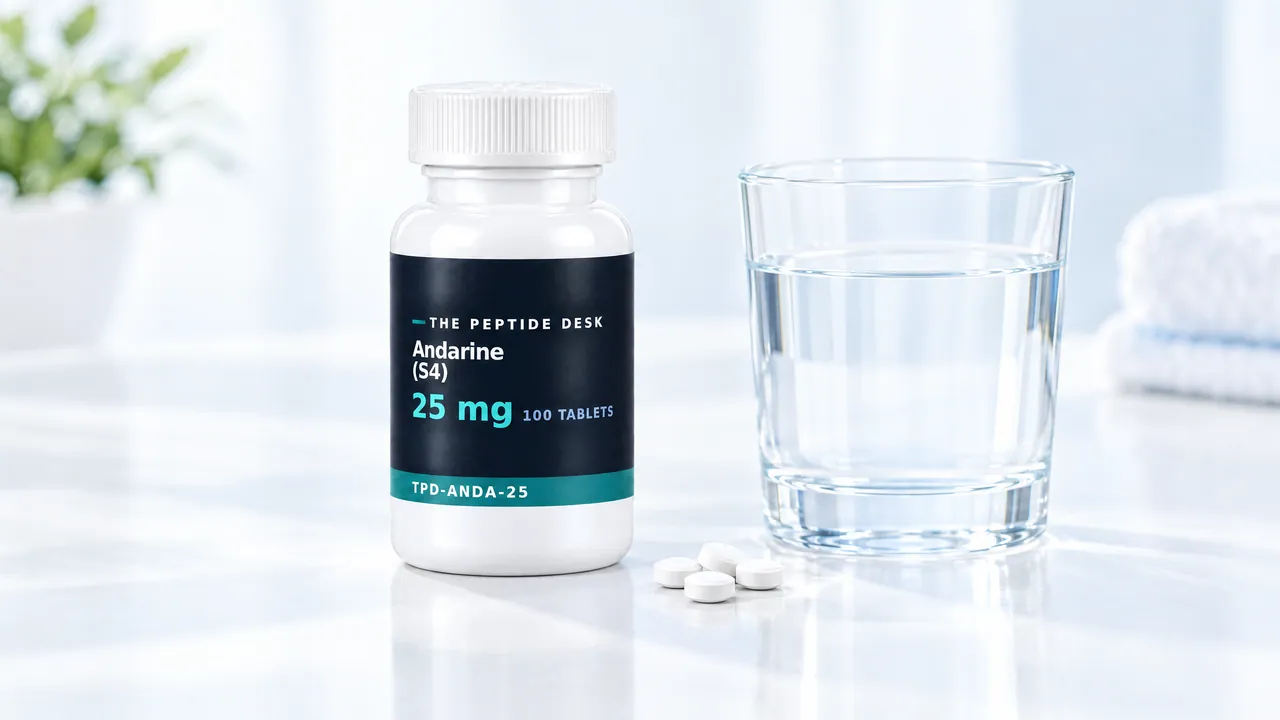 White tablet bottle with a black TPD label for Andarine (S4) next to a glass of water and a few small white tablets on a bright table