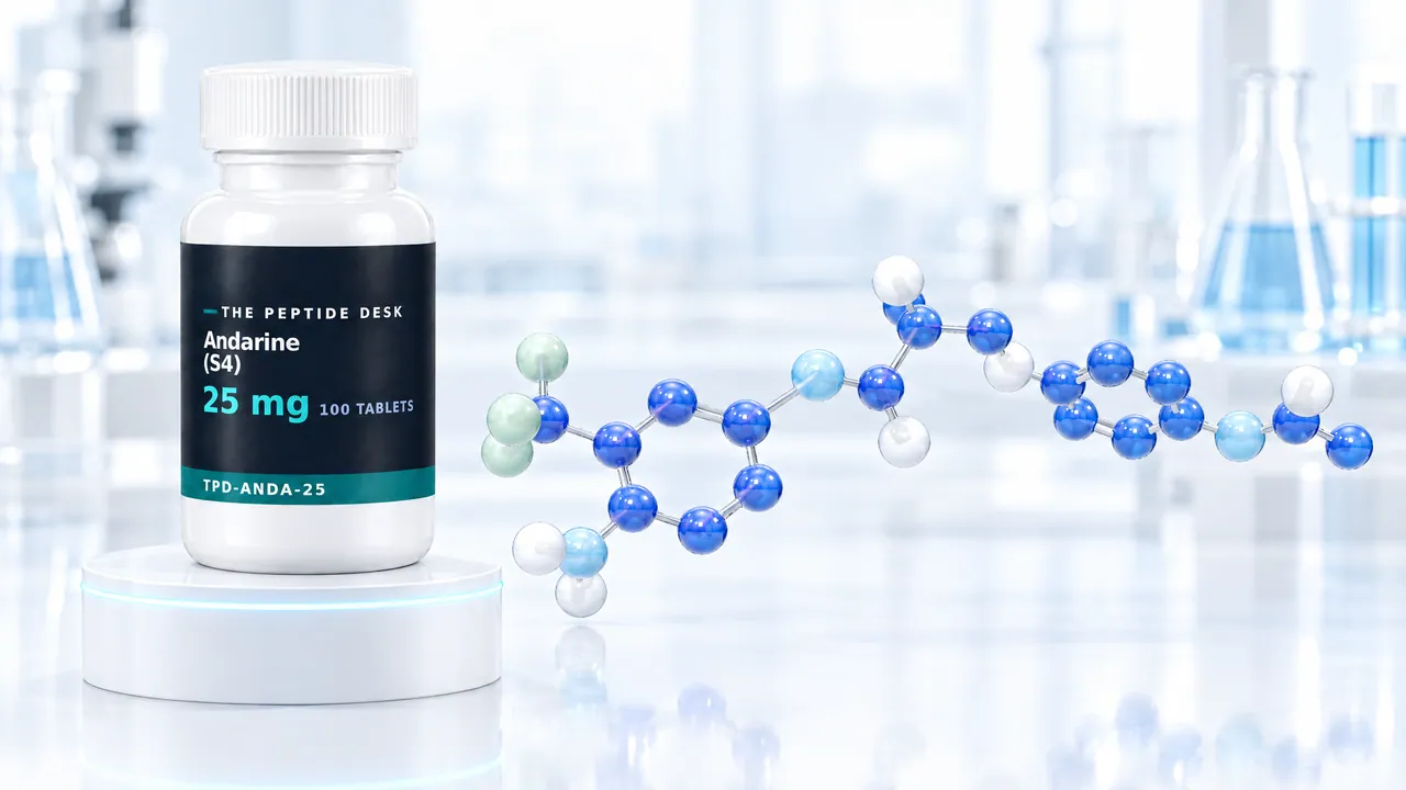 White tablet bottle with a black TPD label for Andarine (S4) on a white podium with a glowing rim, next to a long blue 3D molecule model in a bright lab