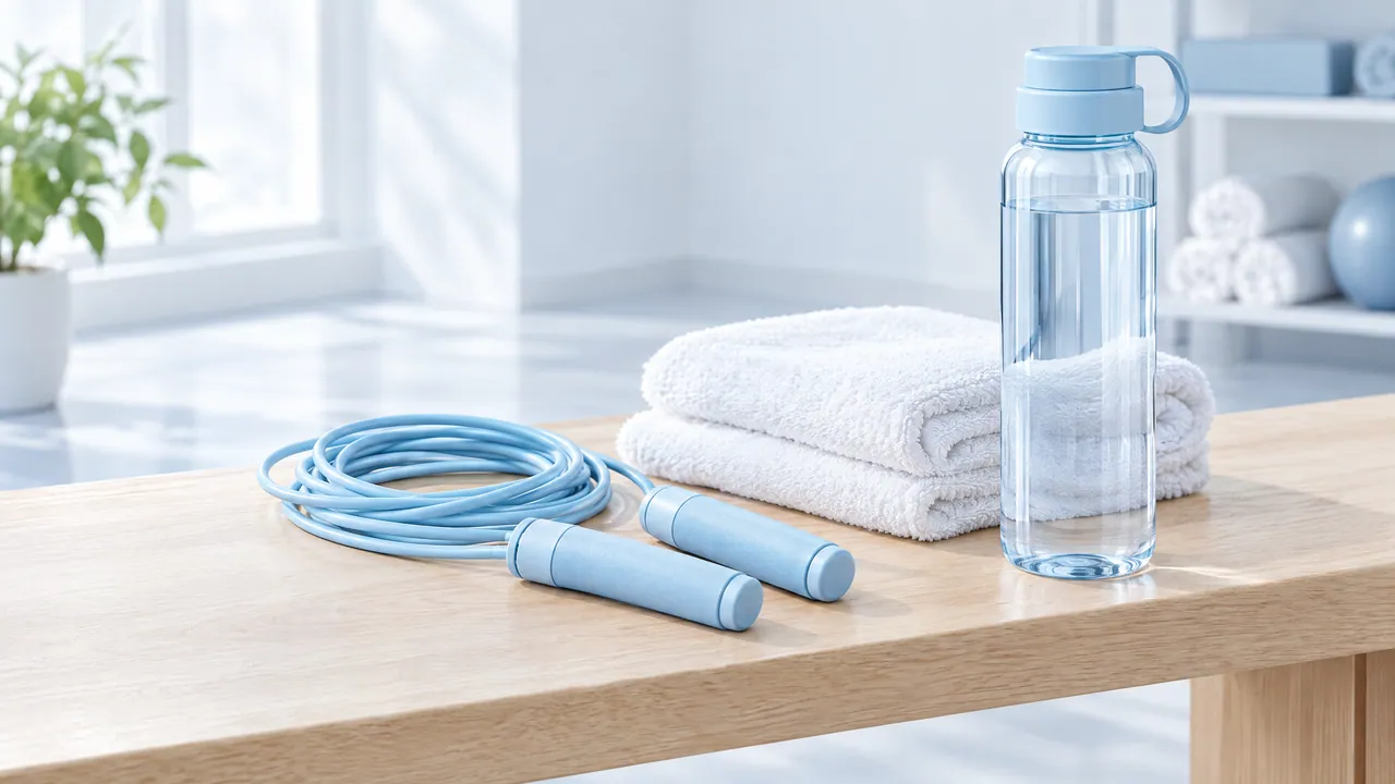 Light blue skipping rope, folded white towels and a water bottle on a wooden table in a bright room