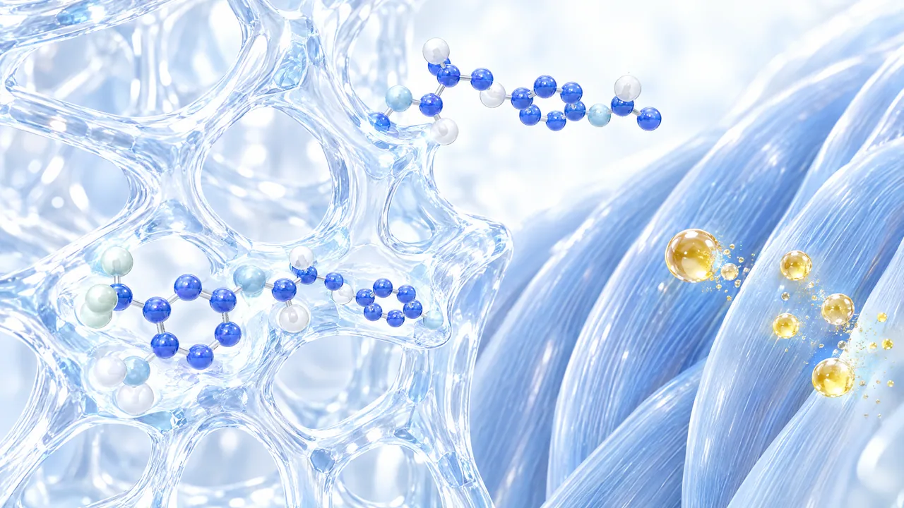 Blue 3D molecules between a glass trabecular bone structure on the left and light blue muscle fibres on the right, golden droplets on the fibres