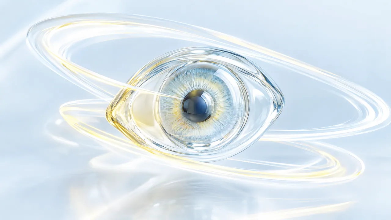 Glass eye with a blue and yellow iris, surrounded by glowing yellow and white arcs of light on a light blue background