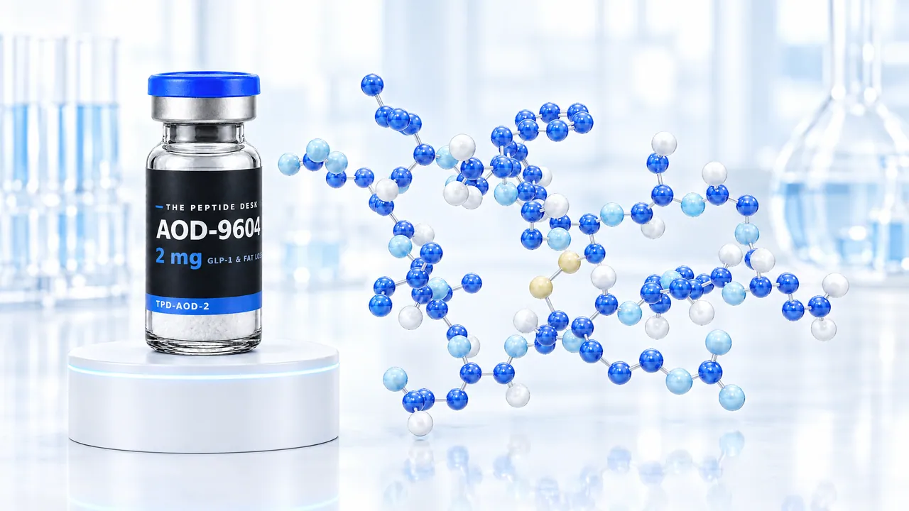 Vial with white powder, a blue cap and a black TPD label for AOD-9604 on a white podium, next to it a large, branched molecule model of blue and white glass spheres in a bright lab