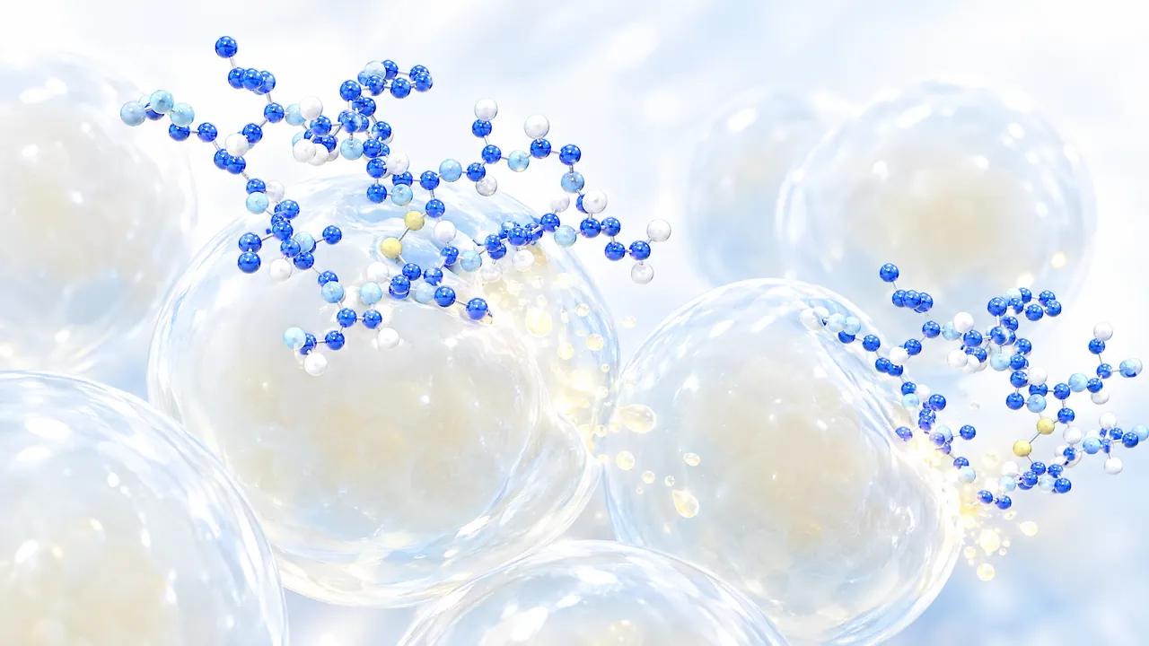 Pale glass spheres as fat cells, large blue molecule chains docking onto their outer layer, glowing droplets coming out of the cells