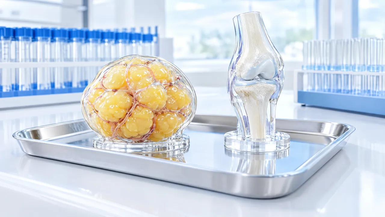 Metal tray with a cluster of yellow fat cells under a glass dome and a glass knee joint, racks of test tubes behind them