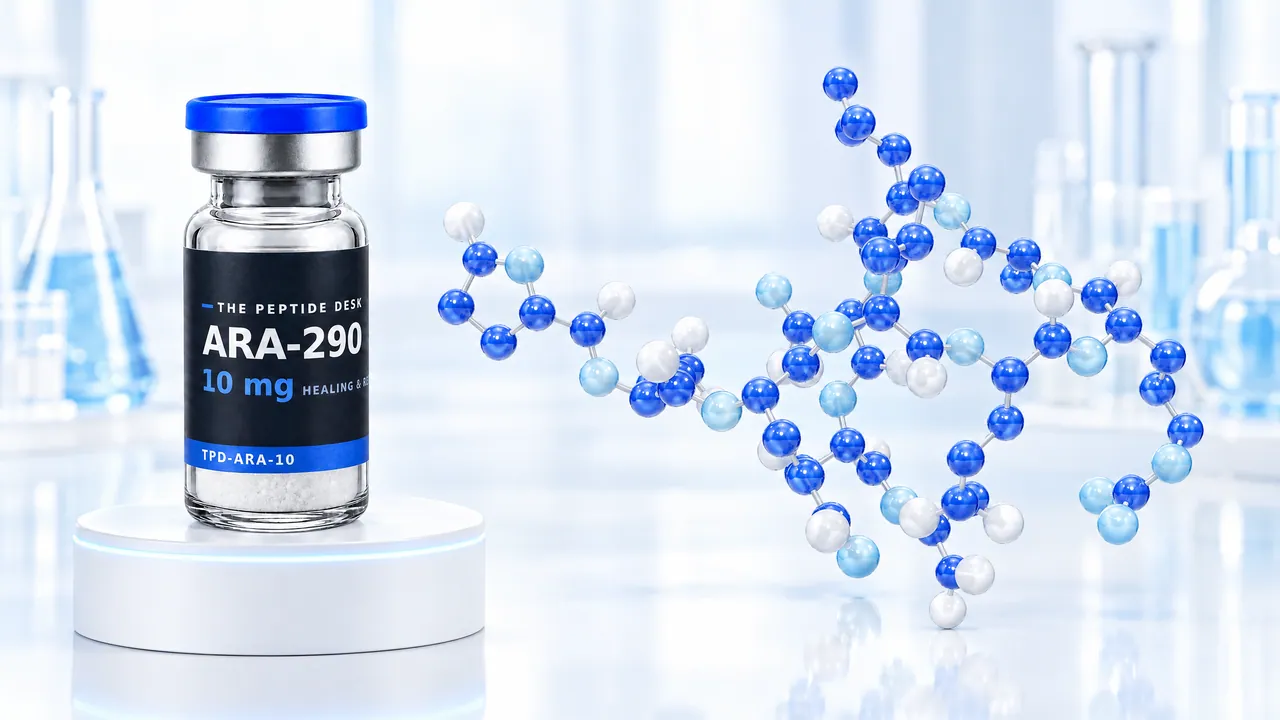 ARA-290 vial with white powder and the black TPD label on a white round podium, next to a long winding chain of blue and white glass beads in a bright lab