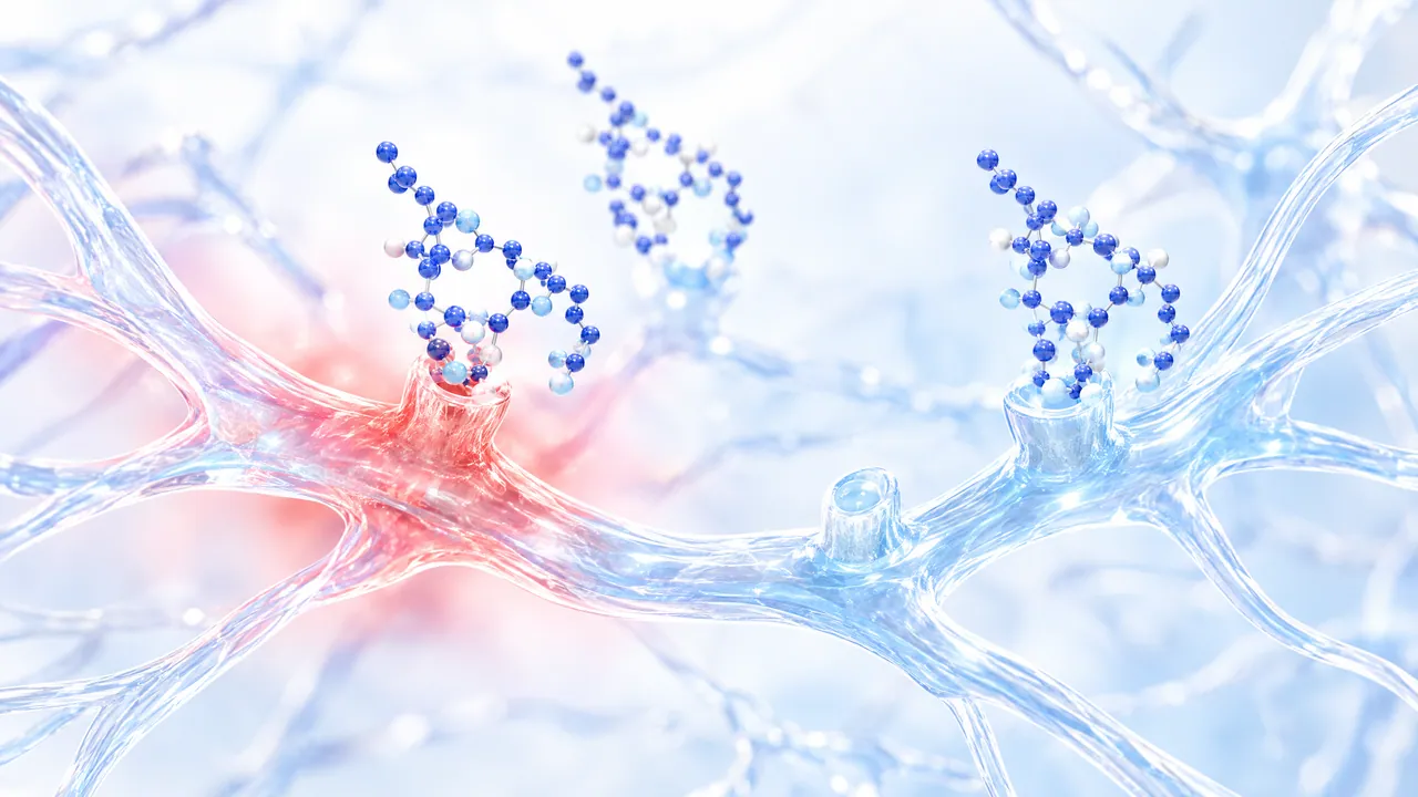 Fine transparent glass nerve fibres, reddish and irritated at one spot, small blue molecules dock onto bud-shaped receptors along the fibres