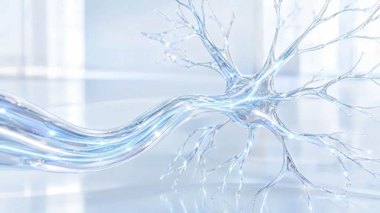 Glass nerve fibre branching like fine roots, light trails run along it, bright background