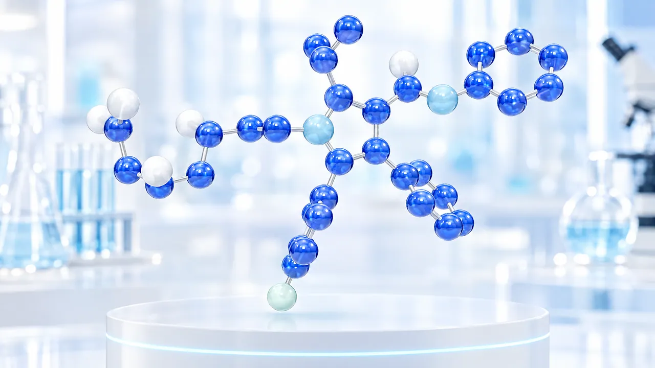 Large molecule model of glossy blue and white spheres floats above a white podium with a glowing rim in a bright lab, symbolic image for atorvastatin