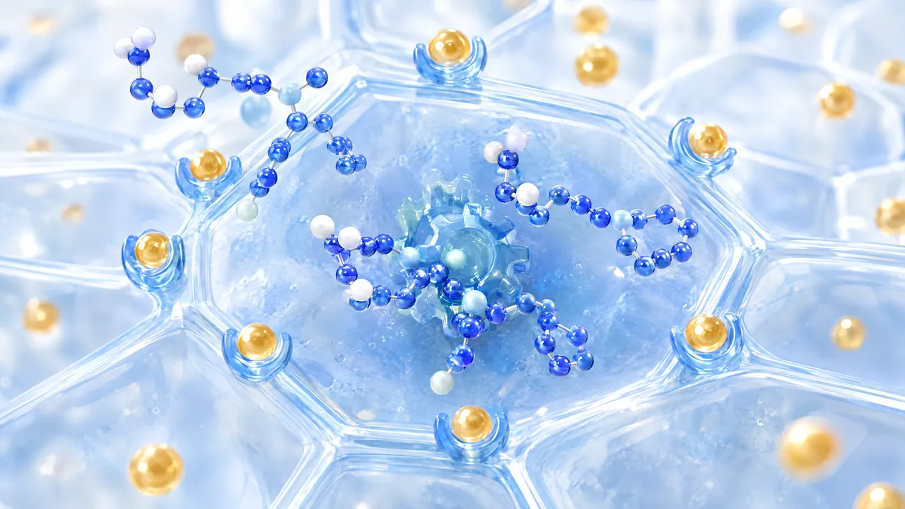 Honeycomb cells of light blue glass, in the central cell a blue gear-shaped enzyme with blue molecule chains docking onto it, golden spheres in docking sites along the cell edges