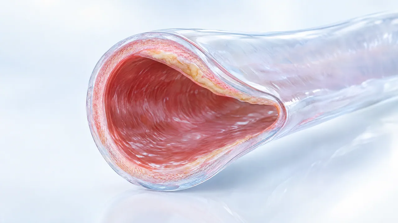 Close-up of a cut, translucent blood vessel with a yellowish layer of deposits on the inner wall