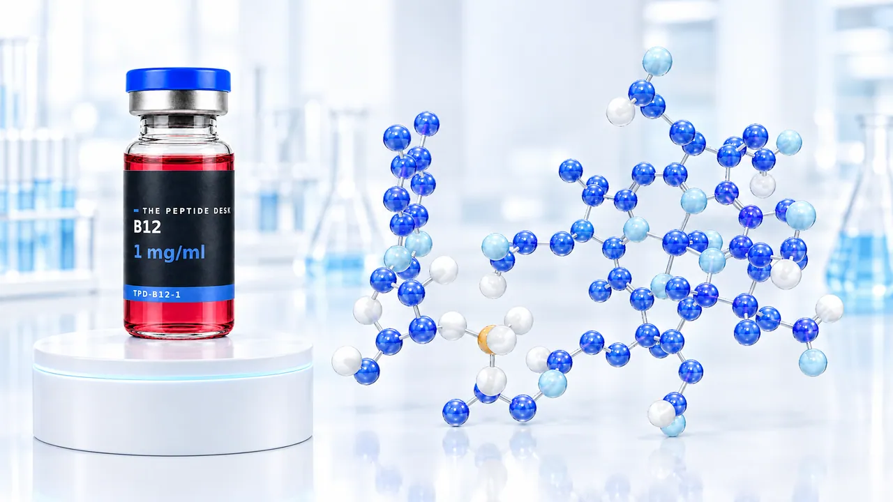 B12 vial with red solution, blue cap and the black TPD label on a white podium, next to a large blue 3D molecule model in a bright lab