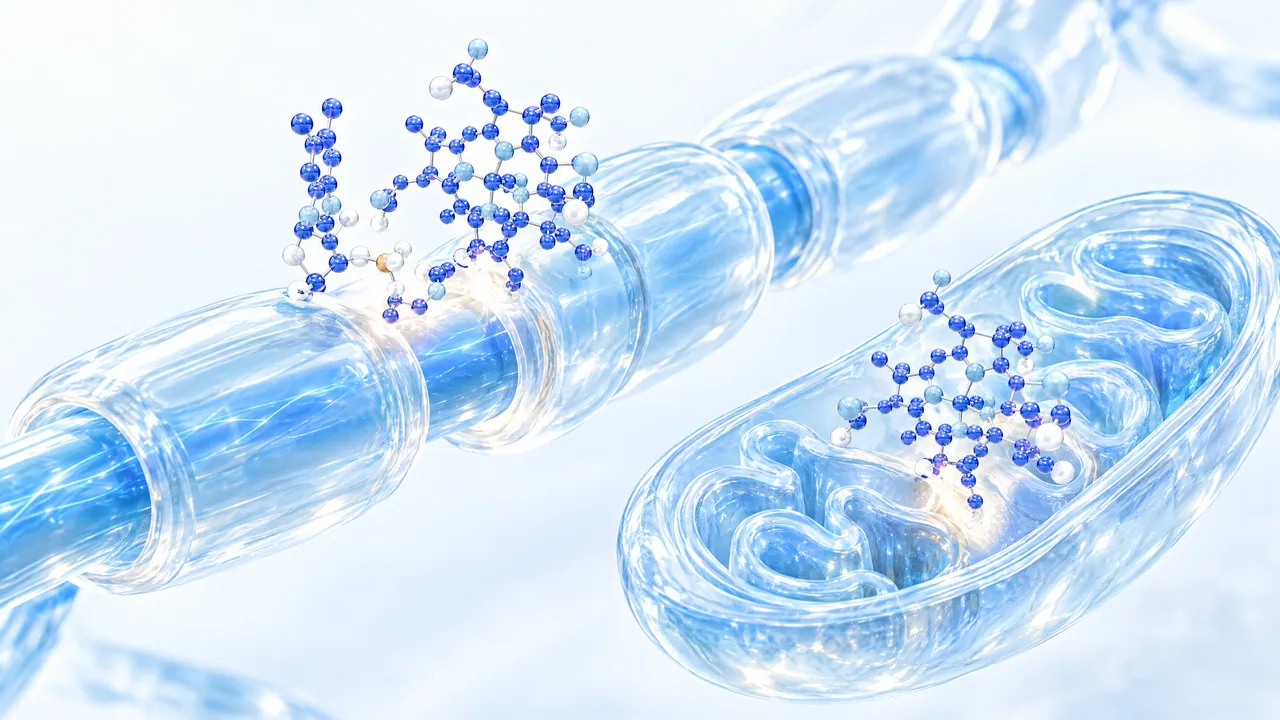 Blue 3D molecules on a translucent blue nerve fibre with its sheath and inside a glass mitochondrion
