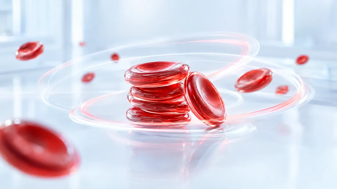 Stacked red blood cells in a bright lab, surrounded by glowing red arcs of light