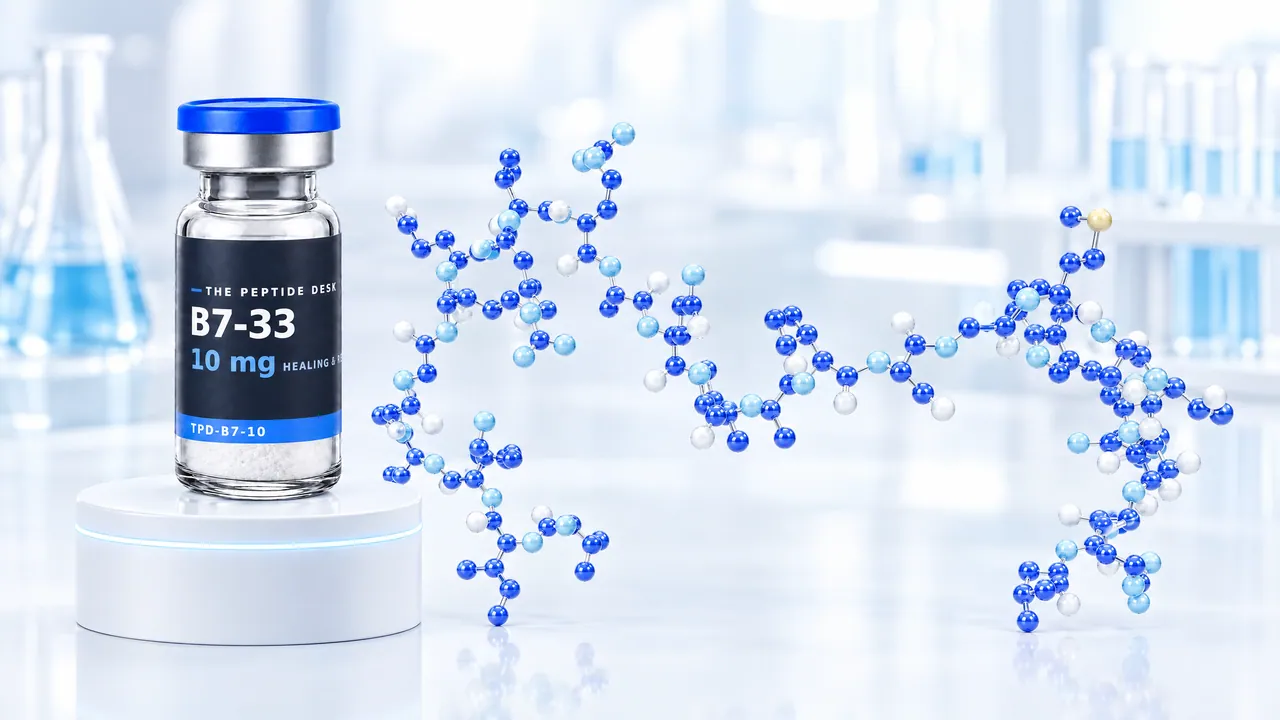 B7-33 vial with white powder and the black TPD label on a white podium, next to a long blue 3D peptide chain in a bright lab