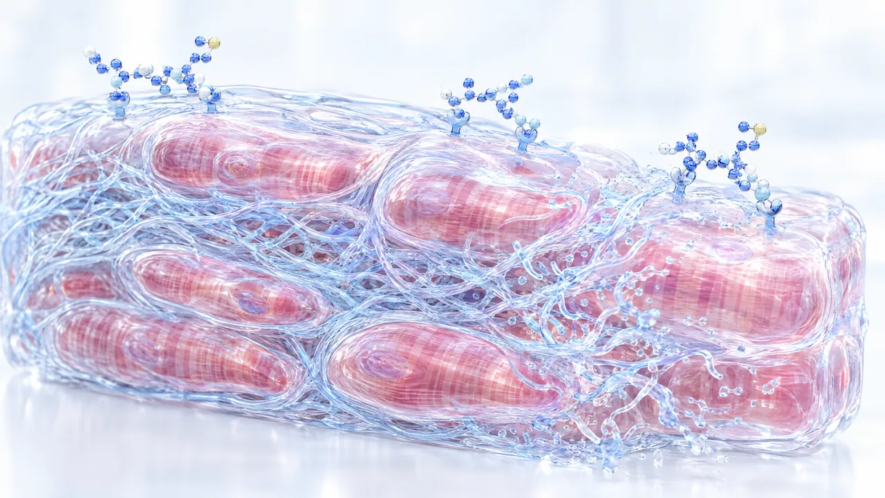 Reddish heart muscle cells in a mesh of translucent blue connective tissue fibres, with small blue peptide chains docking onto receptors on top