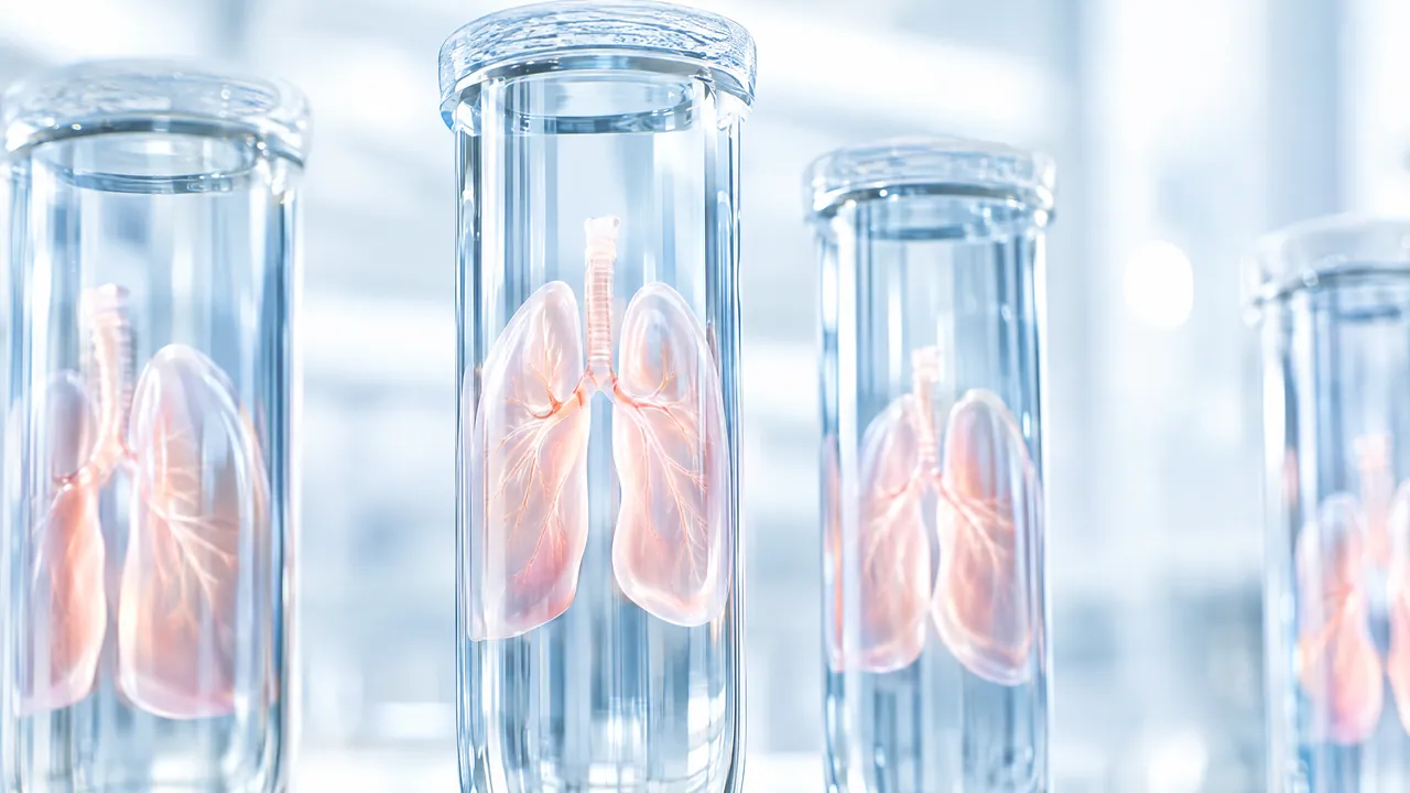 Glass cylinders with translucent pink lung models in a bright lab