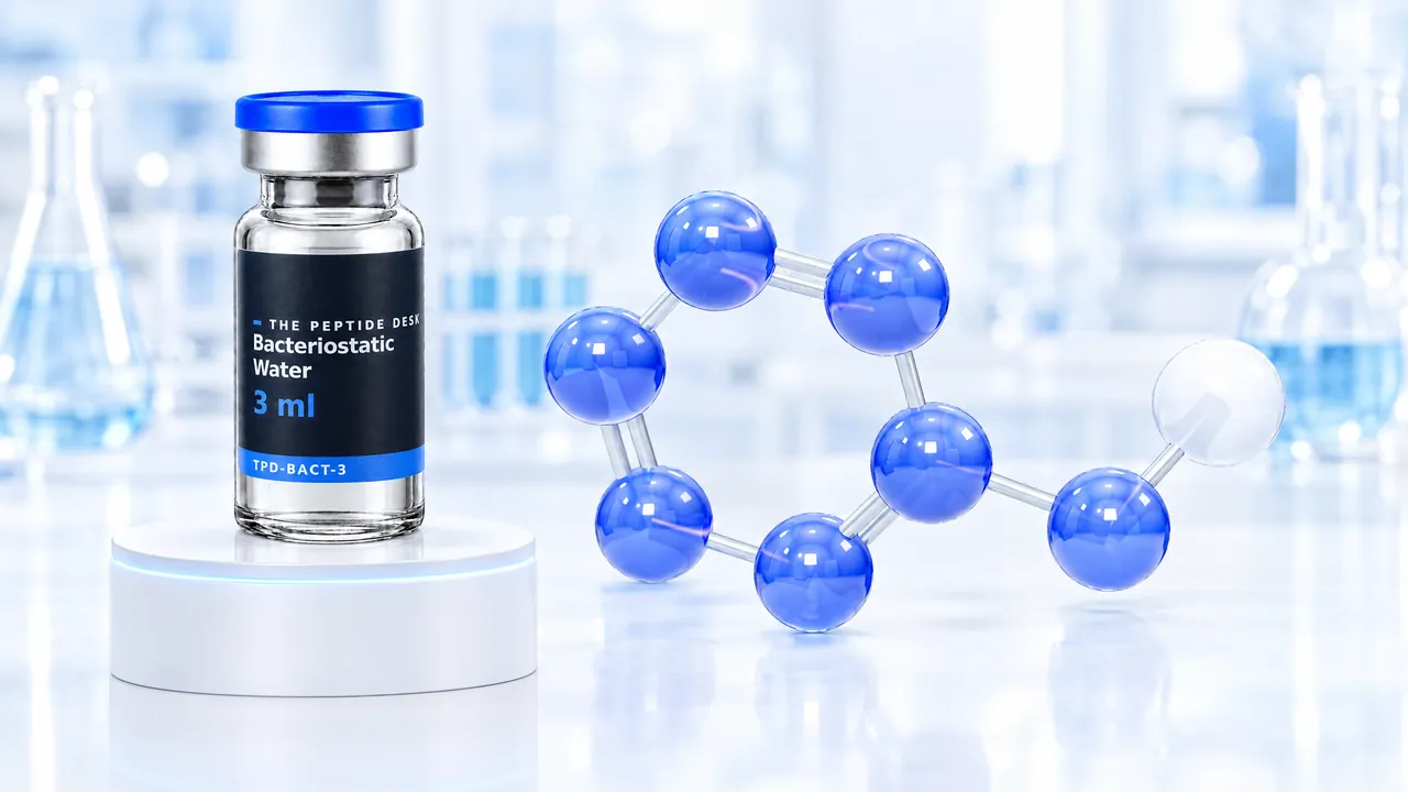 Vial of bacteriostatic water with a blue cap and the black TPD label on a white podium, next to a large blue 3D model of the benzyl alcohol molecule in a bright lab