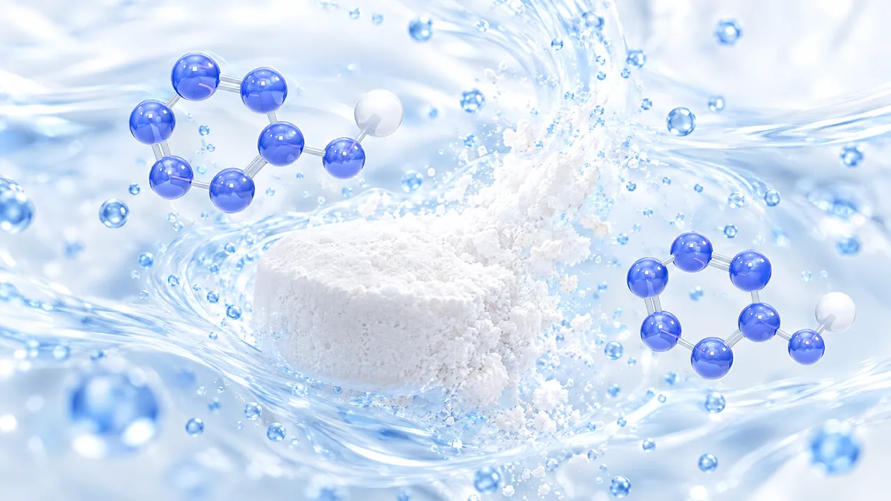 White powder dissolving in a swirl of clear water, next to two blue 3D models of the benzyl alcohol molecule and small bubbles