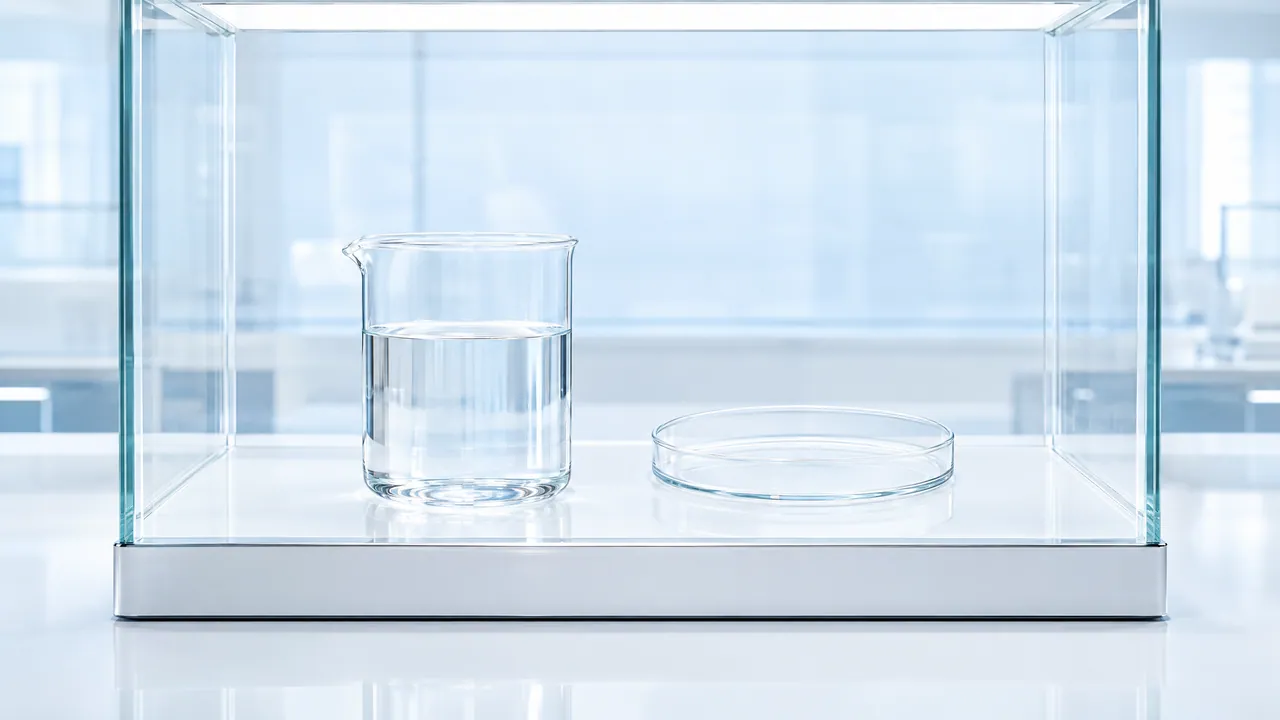 Glass display case in a bright lab with a beaker of clear water and an empty petri dish