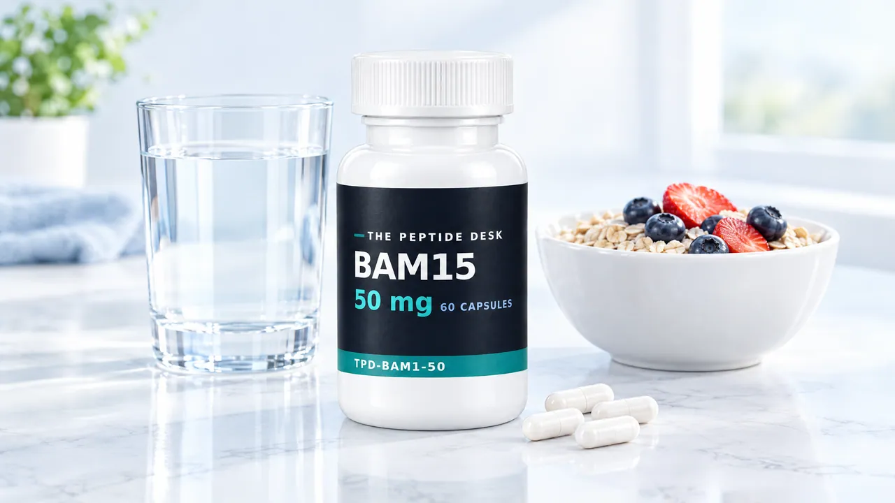 Capsule bottle with a black TPD label for BAM15 next to a glass of water, a bowl of muesli with berries and three white capsules