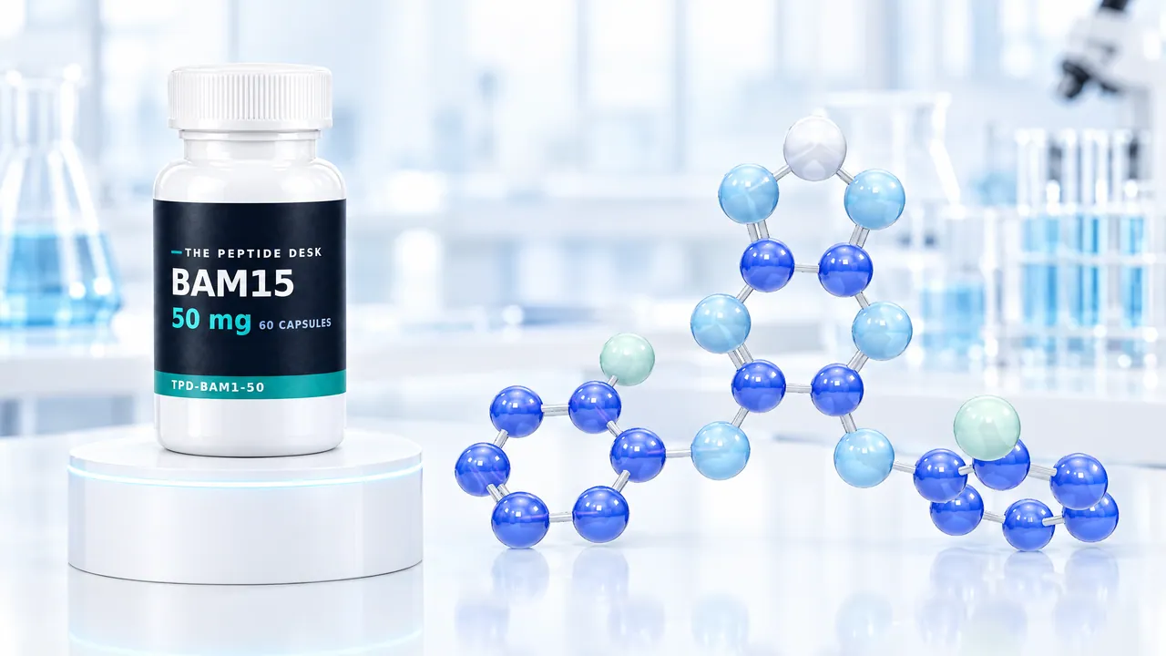White capsule bottle with a black TPD label for BAM15 on a white podium, next to it a large blue 3D model of the molecule in a bright lab