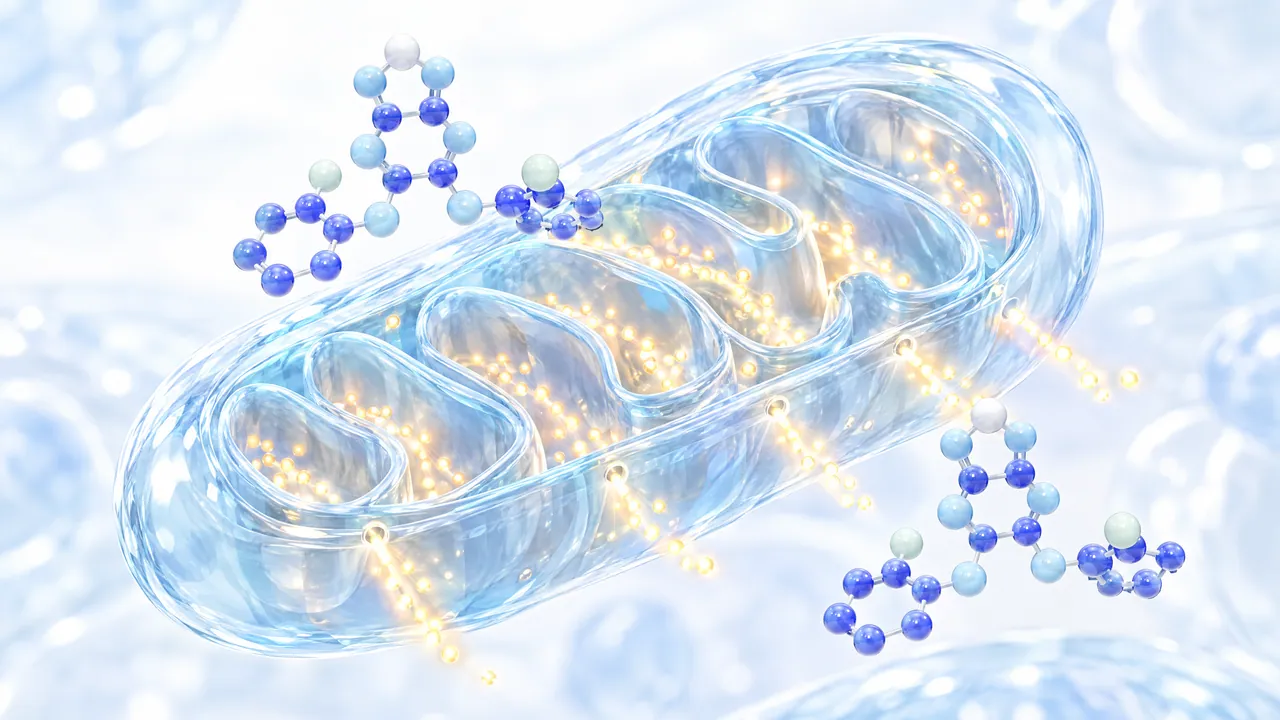 Transparent glass model of a mitochondrion with a folded inner membrane, golden light points streaming out of it, blue 3D molecules beside it