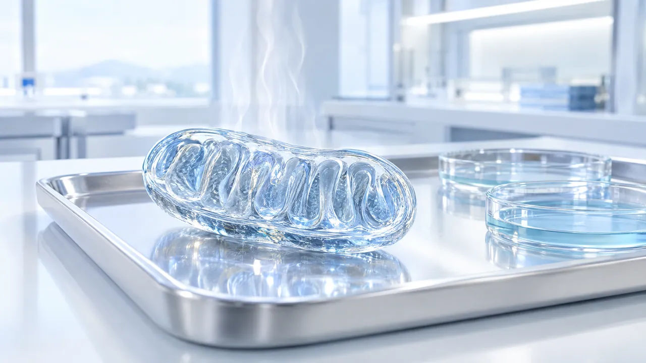 Glass model of a mitochondrion on a steel tray in the lab, two Petri dishes with blue liquid beside it, light steam above