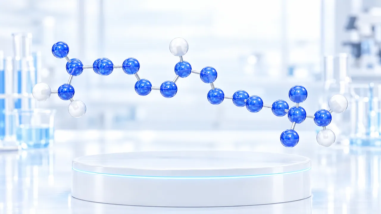 Long, stretched molecule chain of glossy blue and white spheres floats above a white podium with a glowing rim in a bright lab, symbolic image for bempedoic acid