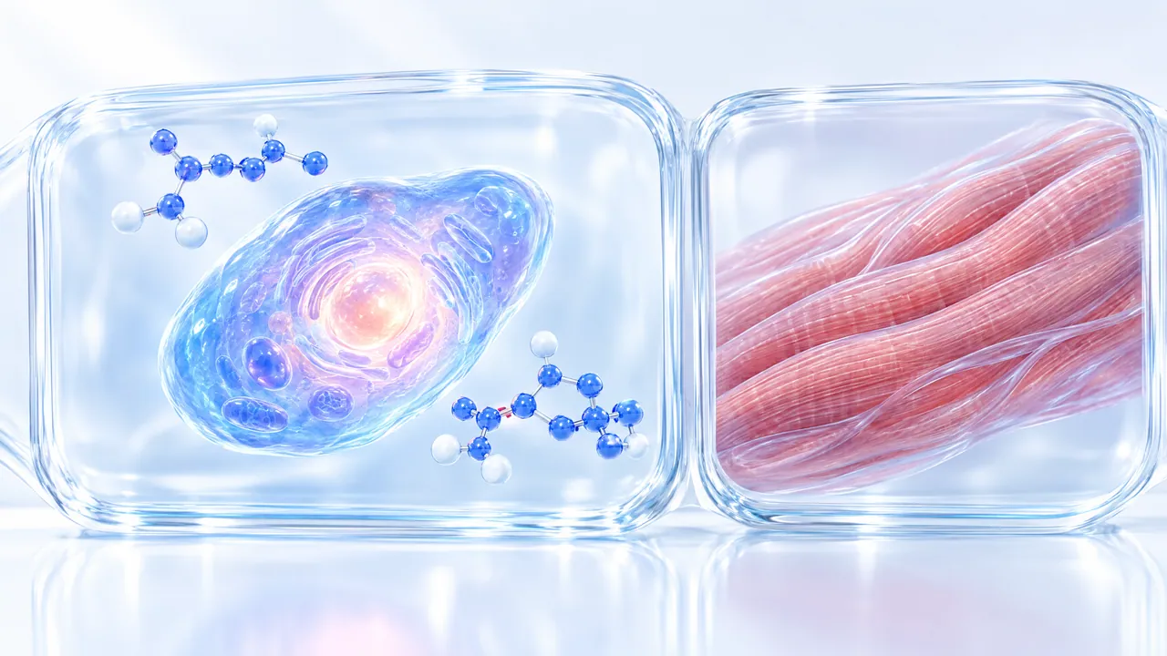 Two glass chambers side by side: on the left a glowing blue liver cell with blue molecule chains, on the right reddish muscle fibres without molecules