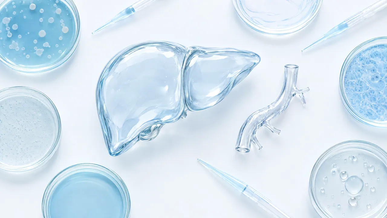 Glass liver model and a branched glass vessel on a white surface, surrounded by Petri dishes with light blue samples and pipettes
