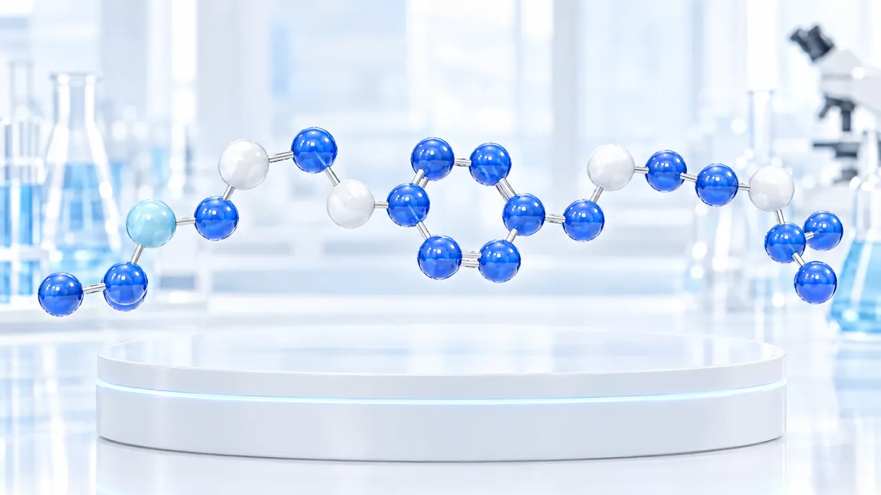 Long molecule chain of glossy blue, light blue and white spheres with a six-membered ring in the middle floats above a white podium in a bright lab, symbolic image for bisoprolol