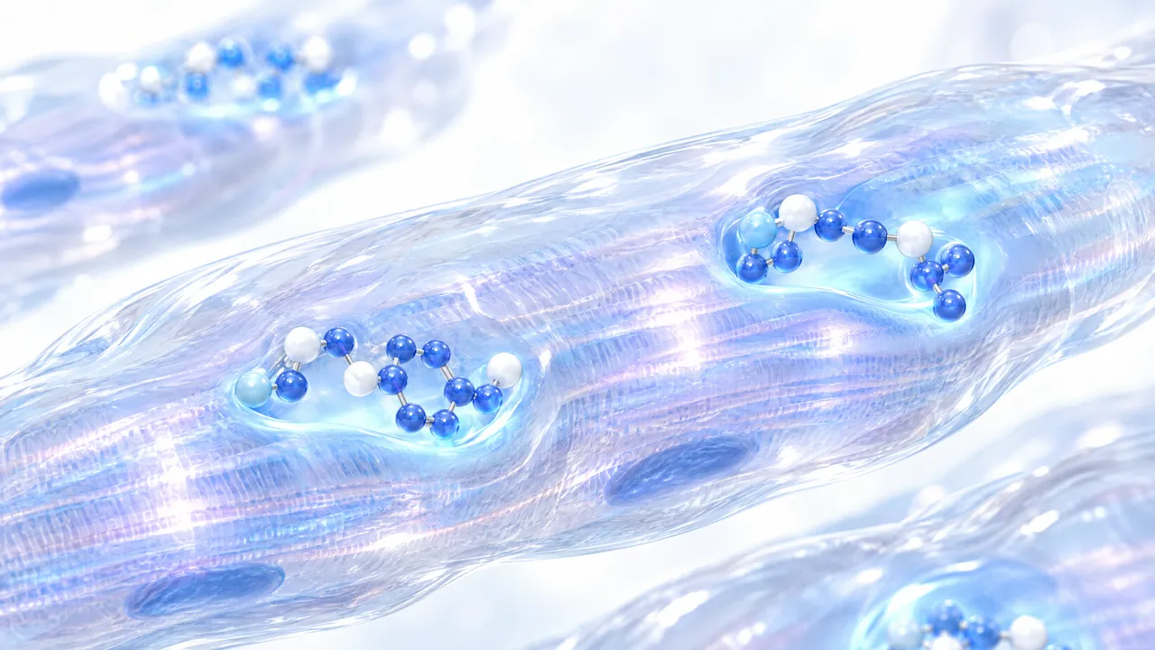 Close-up of translucent, shimmering heart muscle fibres, blue and white molecule chains resting in glowing hollows on the surface