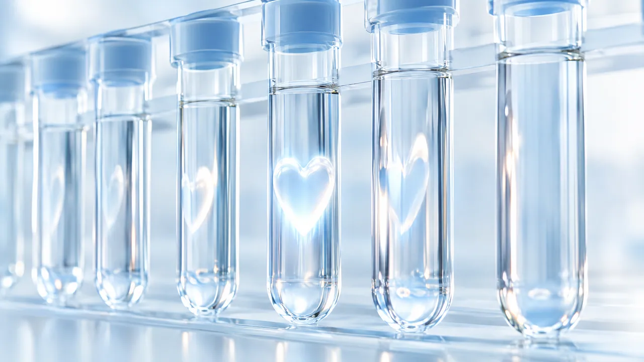 Row of sealed test tubes with clear liquid, a bright heart symbol glowing in several of them