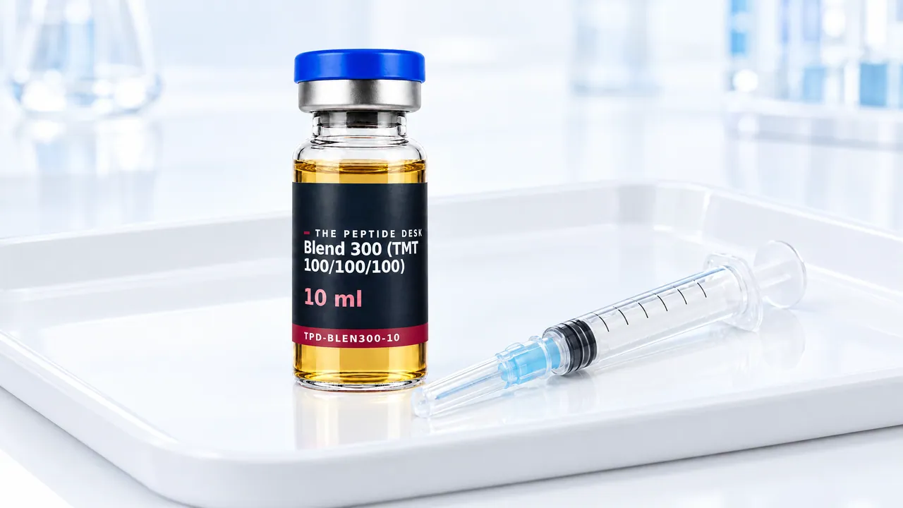 Small glass vial with clear yellowish oil and a grey stopper next to a capped syringe on a white tray