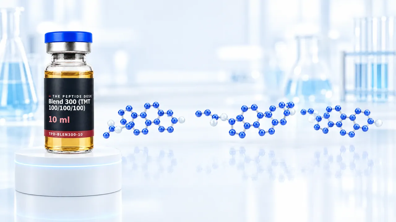 Three slightly different glossy blue steroid skeletons in a triangle above a white podium with a blue light ring, symbolic image for Blend 300